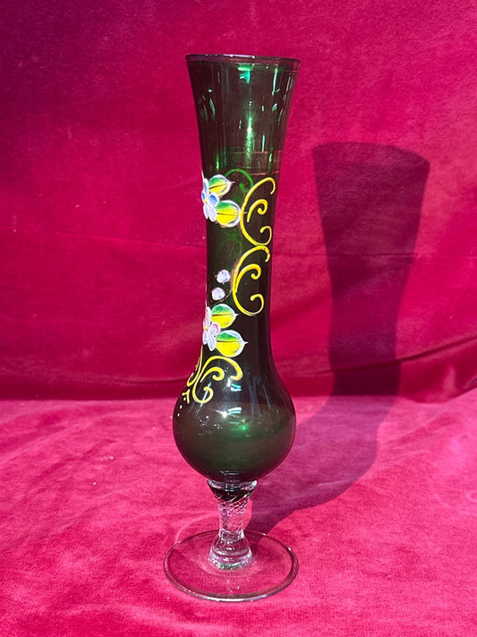 Vase soliflore verre vert émaillé floral piétement balustre