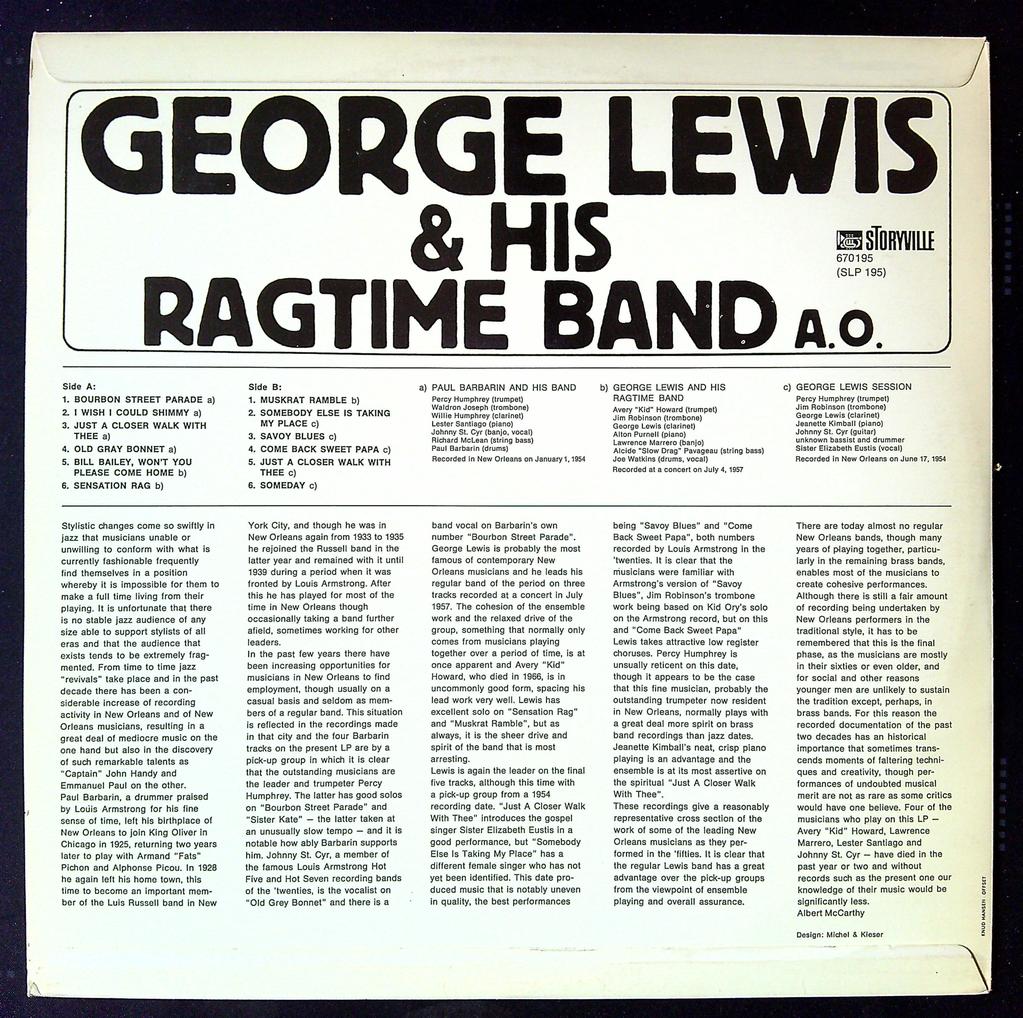 Vinyle George Lewis & His Ragtime Band A.o. Storyville Blanc