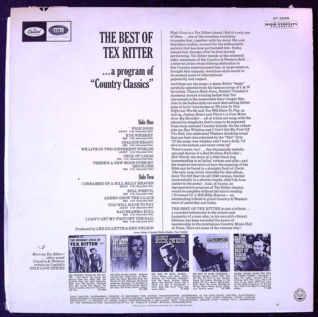 Vinyle the Best of Tex Ritter Country Classics Capitol
