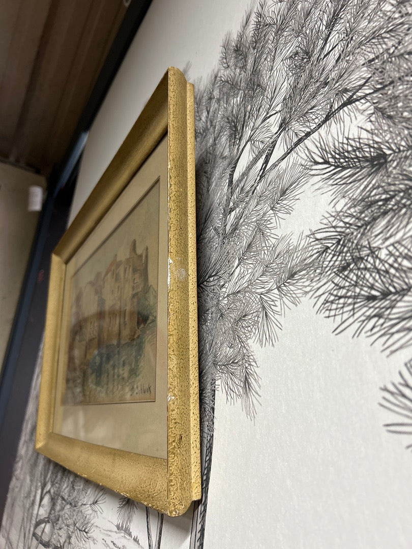 Aquarelle représentant des habitations signée M. Schluck