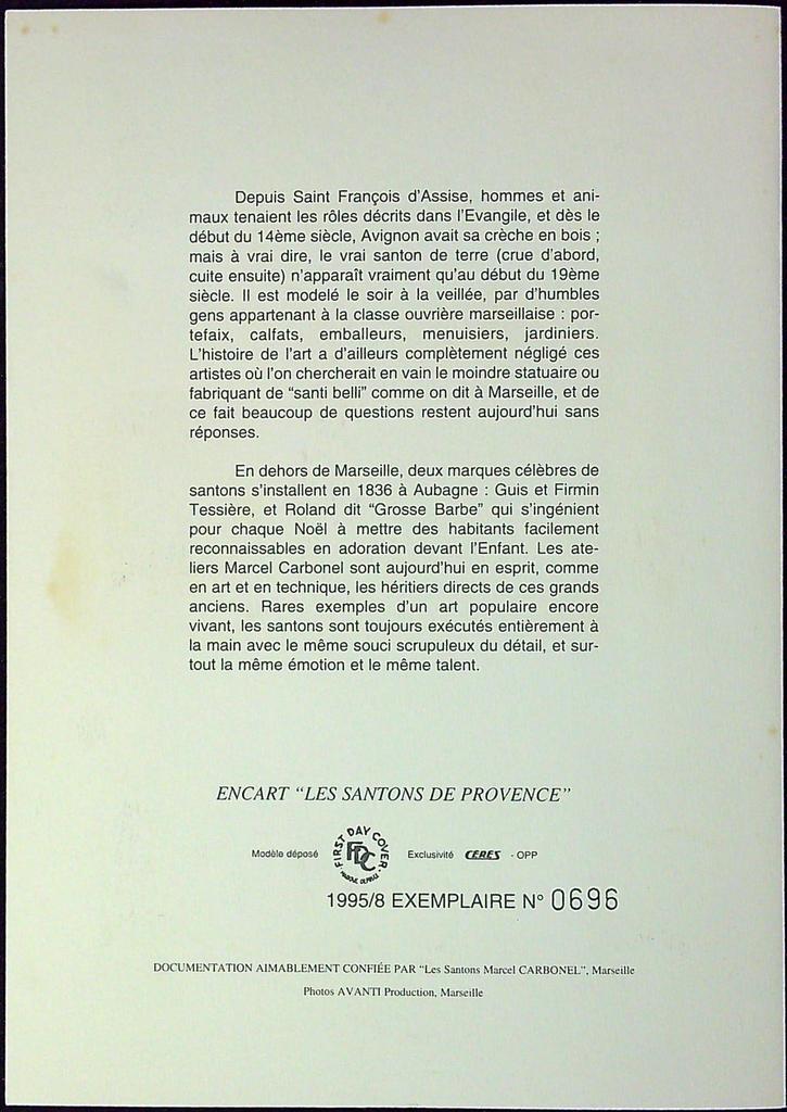 Santons De Provence Enveloppe Dépliant Timbre 1er jour Encart Fdc Yvert et Tellier