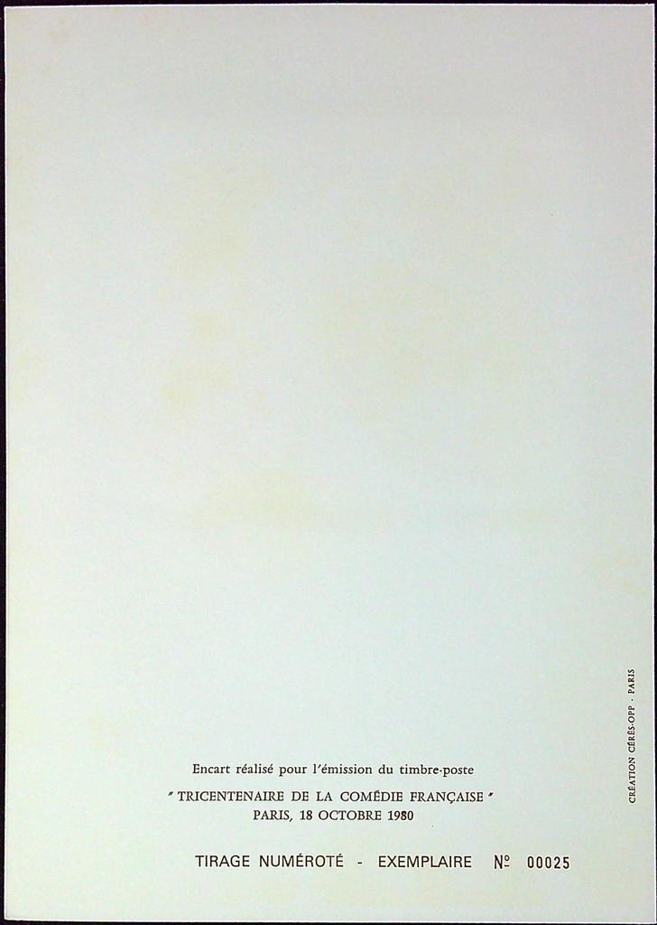 Tricentenaire de la Comédie Française Enveloppe Dépliant Timbre 1er jour Encart Fdc Yvert et Tellier