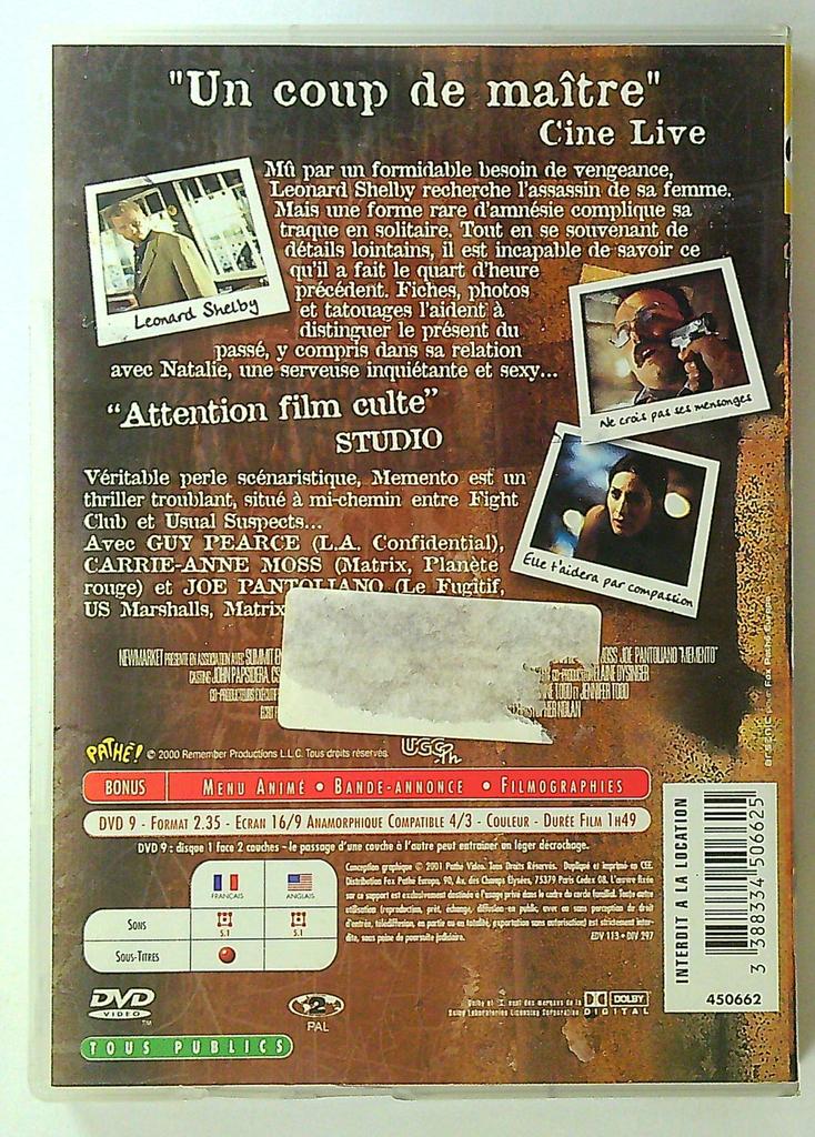 Dvd Memento - Film de Christopher Nolan