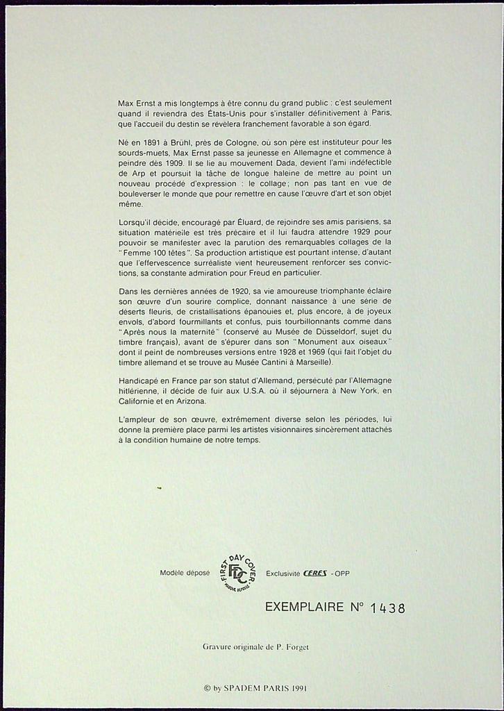 Max Ernst Enveloppe Dépliant Timbre 1er jour Encart Fdc Yvert et Tellier