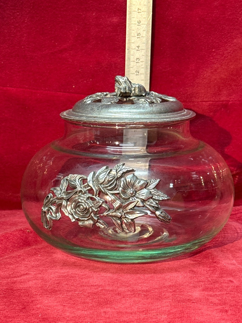 Bonbonnière ancienne en verre et étain Art Nouveau