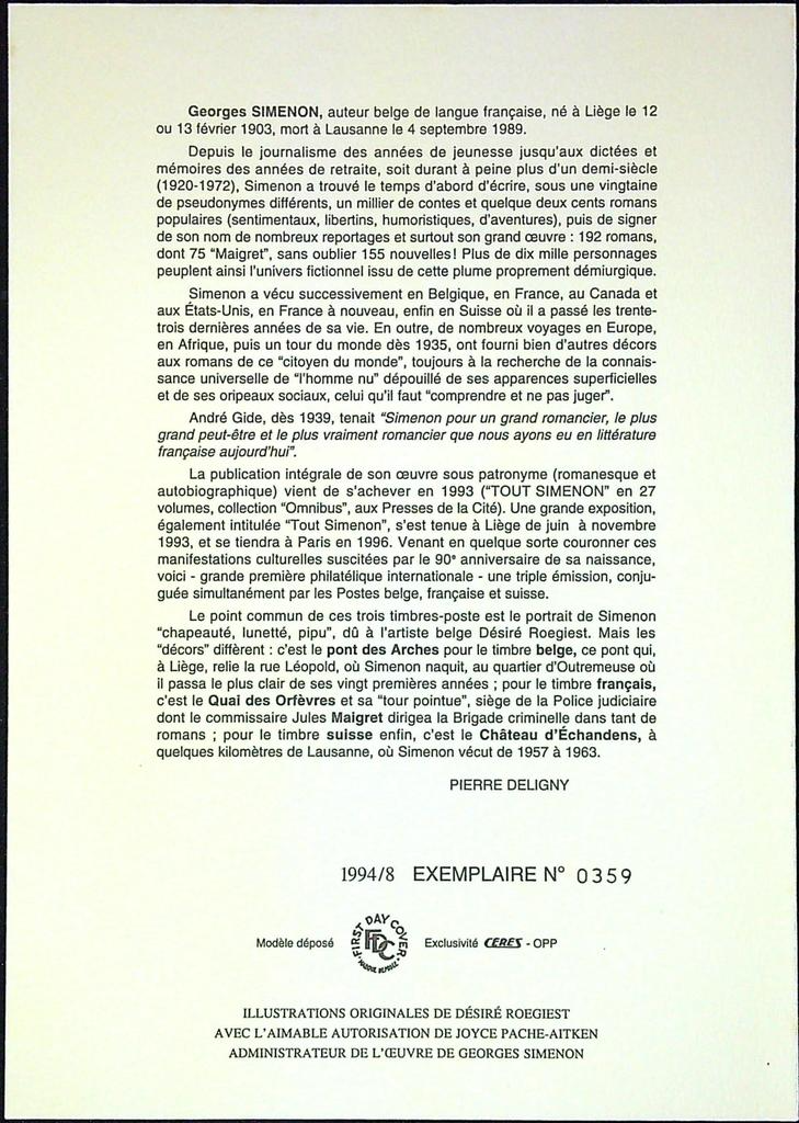 Georges Simenon 1903-1989 Enveloppe Dépliant Timbre 1er jour Encart Fdc Yvert et Tellier