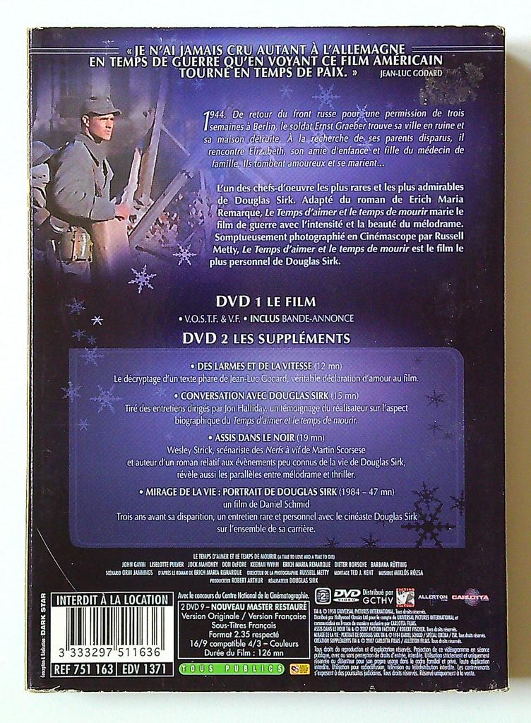 dvd Le Temps d'aimer et le temps de mourir Douglas Sirk