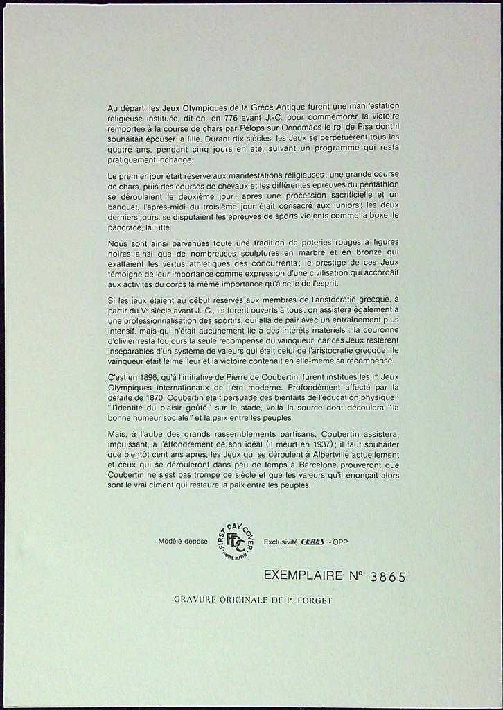 Jeux Olympiques 1992 Enveloppe Dépliant Timbre 1er jour Encart Fdc Yvert et Tellier