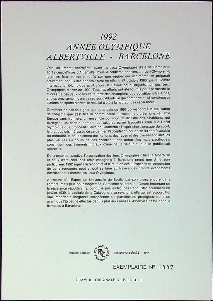 Albertville Barcelone Enveloppe Dépliant Timbre 1er jour Encart Fdc Yvert et Tellier