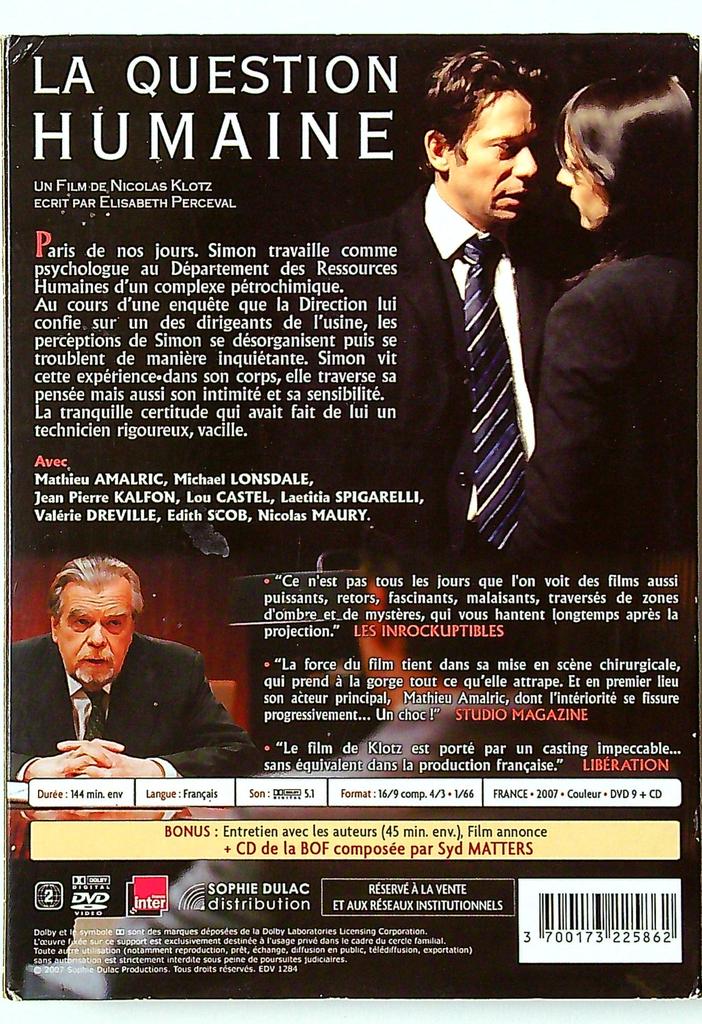dvd La Question Humaine - Nicolas Klotz + Cd Bo