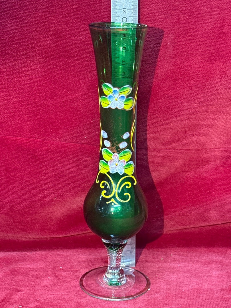 Vase soliflore verre vert émaillé floral piétement balustre