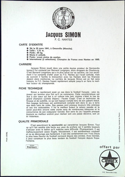 Fiche – Caltex Jacques Simon – Memorabilia – Football