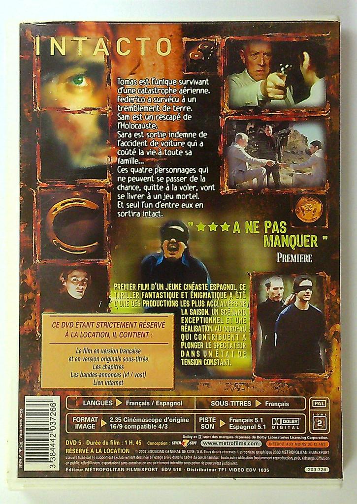 Dvd du film Intacto - Thriller Juan Carlos Fresnadillo