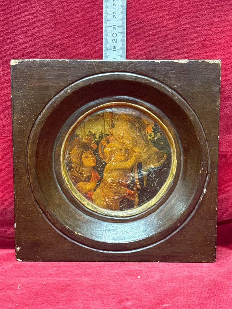 Tableau ancien rond en platre cadre sculpté Vierge Marie
