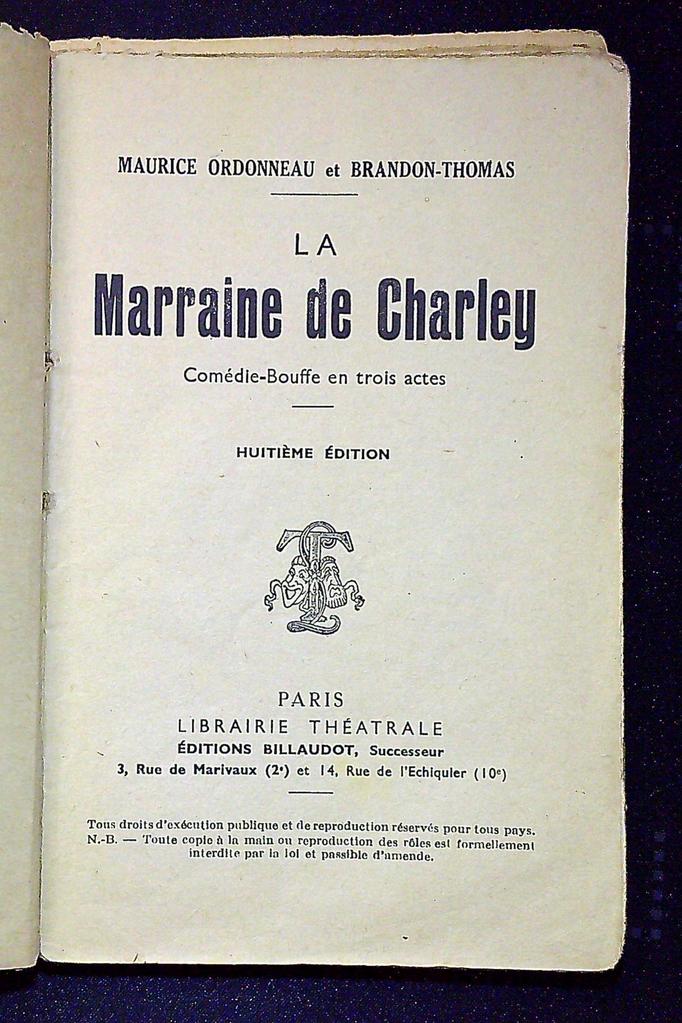 Livre – La Marraine de Charley – Théâtre – Édition ancienne