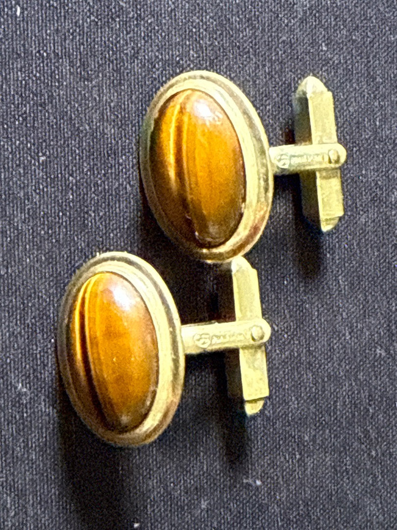 Boutons de manchette – Vintage – Accessoires homme – Pierre œil de tigre plaqué Or