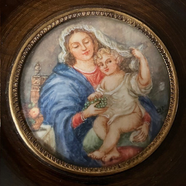 Peinture Miniature Medaillon Portrait Vierge A L'Enfant