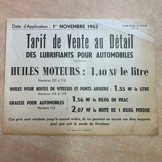 Document Publicité Affiche Lubrifiants Pour Automobiles 1er Novembre 1962