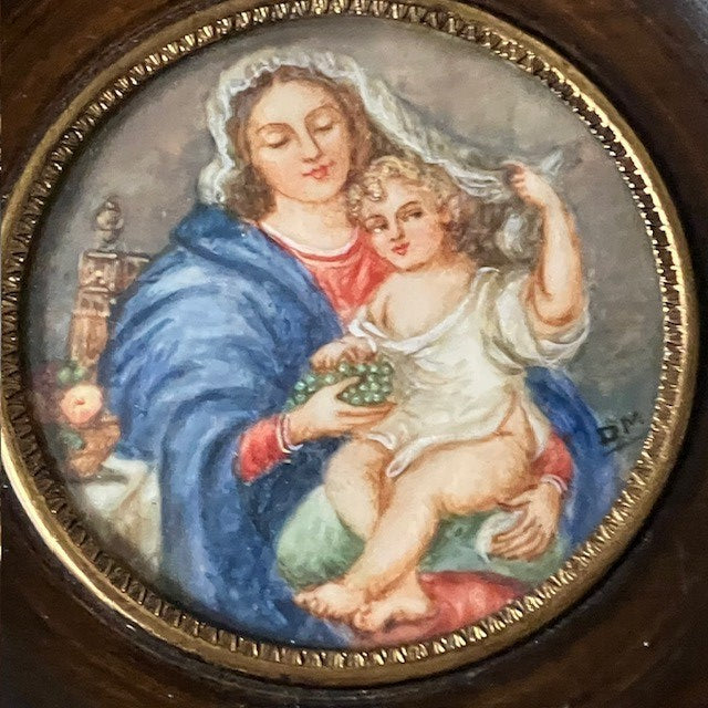 Peinture Miniature Medaillon Portrait Vierge A L'Enfant