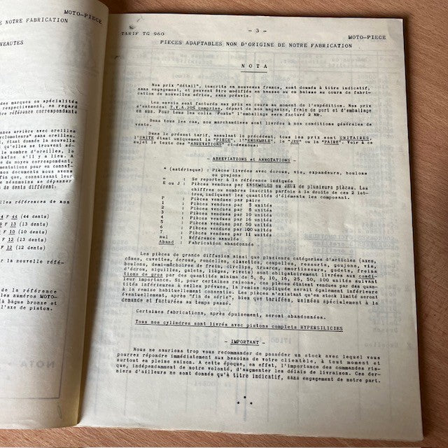 Document Publicité Livret Pour La Piece Moto Tarif TG 960