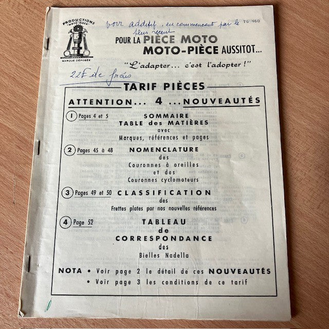 Document Publicité Livret Pour La Piece Moto Tarif TG 960