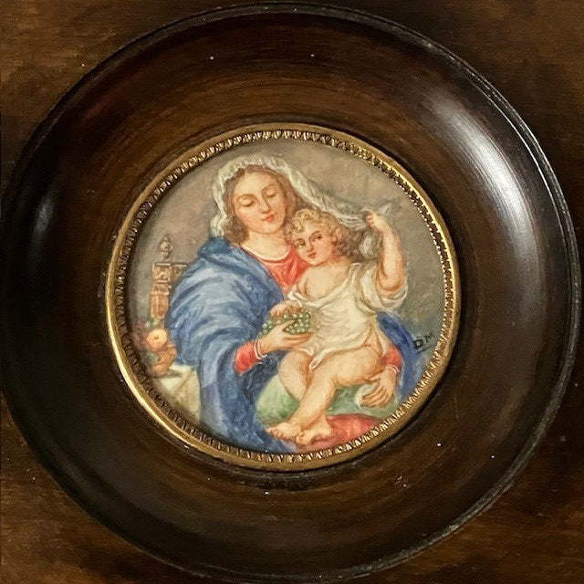 Peinture Miniature Medaillon Portrait Vierge A L'Enfant