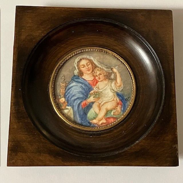 Peinture Miniature Medaillon Portrait Vierge A L'Enfant