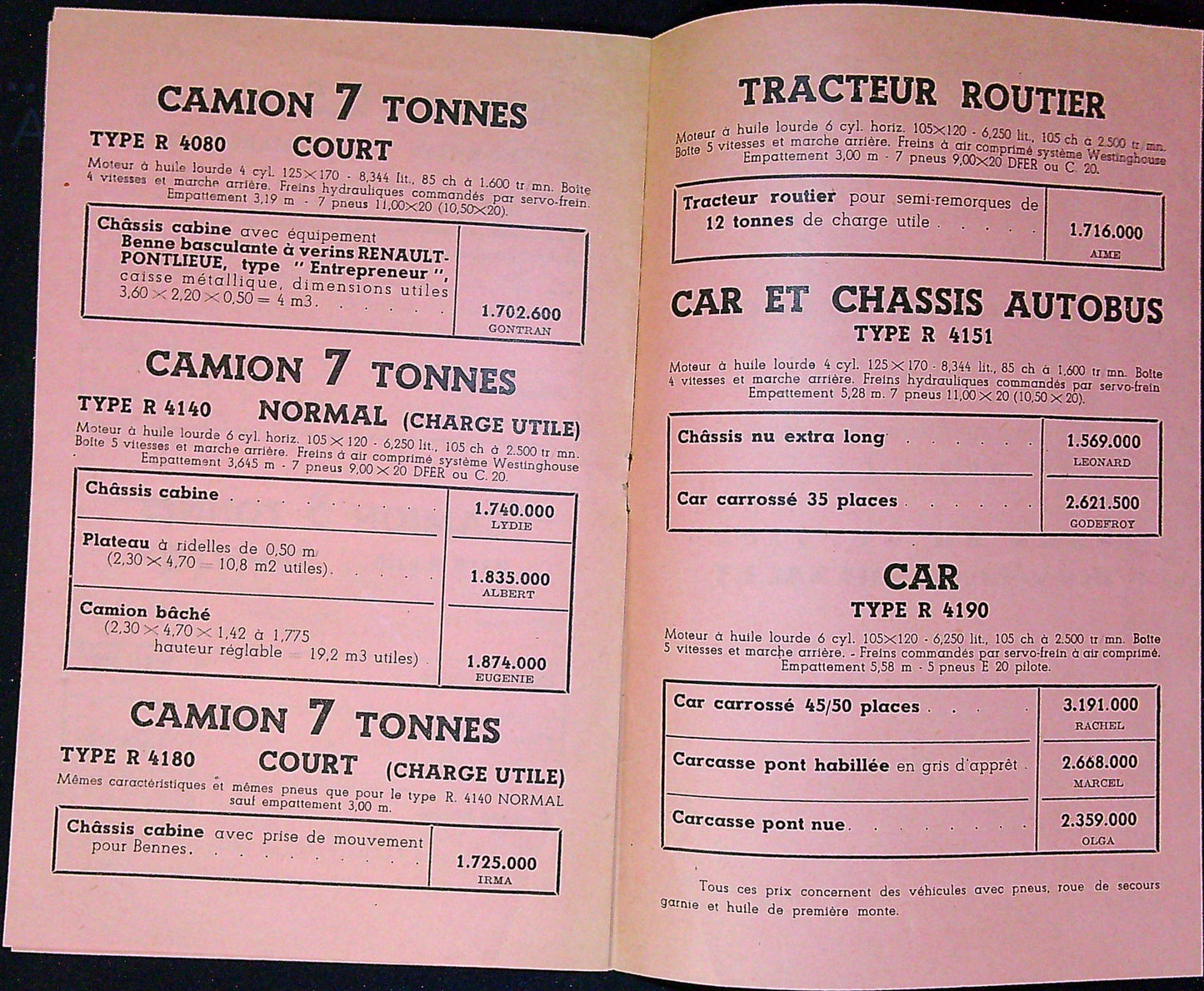 Document Ancienne Publicité Garage Renault Tarif 1950