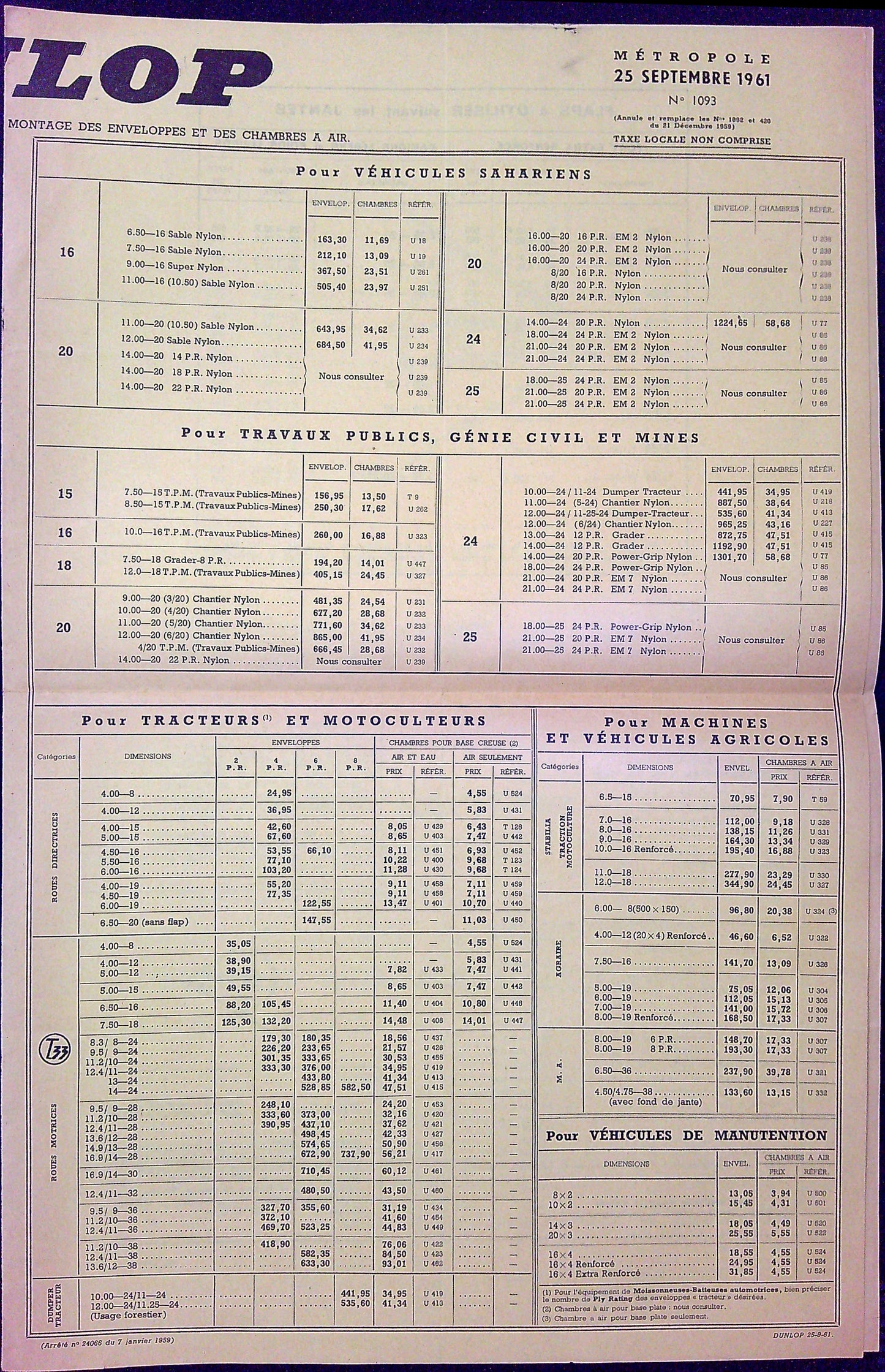 Document Ancienne Publicité Garage Dunlop 1961