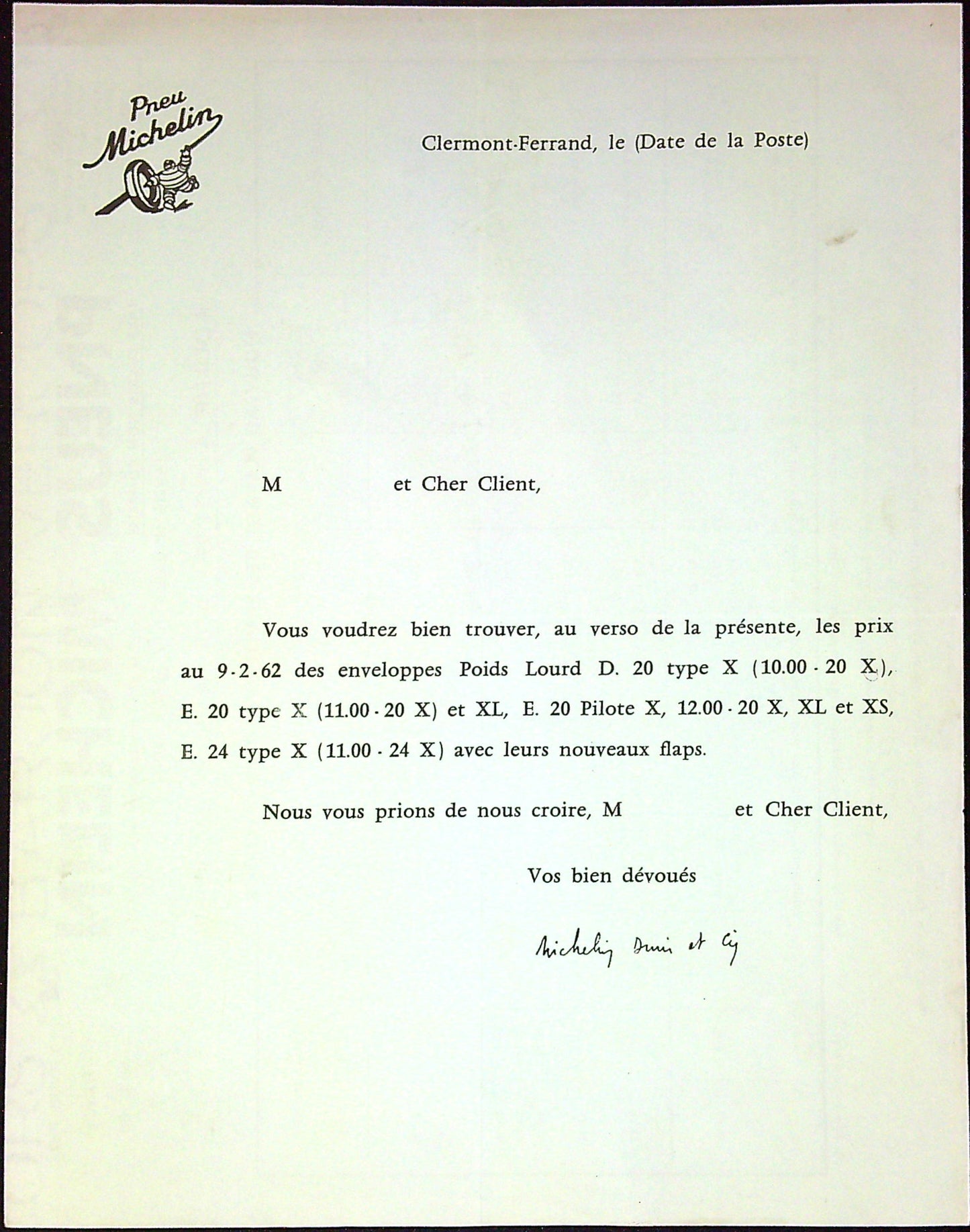 Document Publicité Affiche Pneu Lettre Michelin 1962