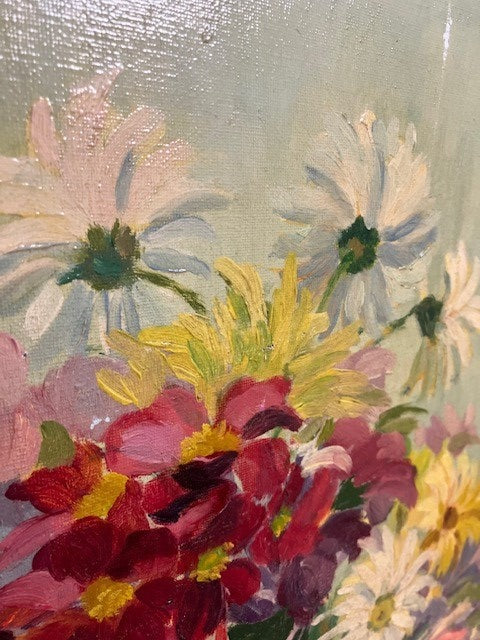 Tableau Huile Sur Toile Signé V. Batteuz Vase De Fleuris