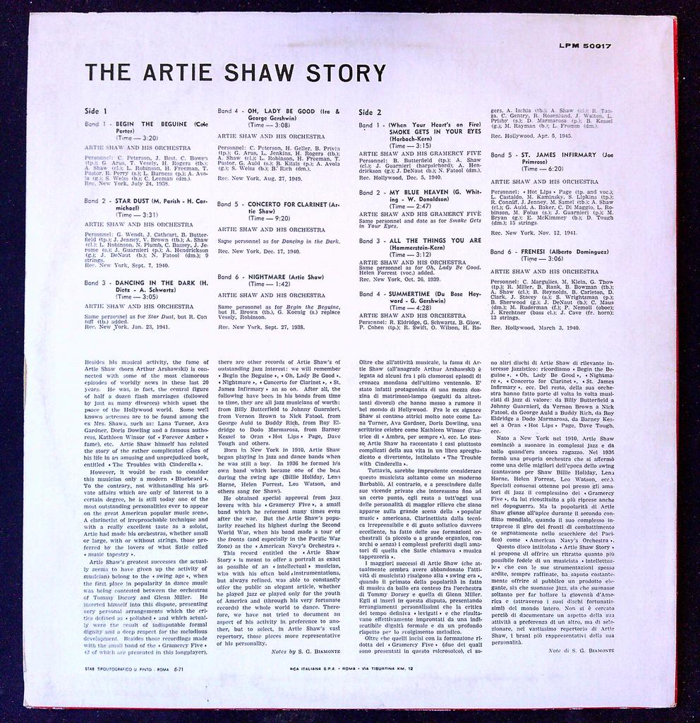 Vinyle Lp Artie Shaw The Artie Shaw Story Rca Victor jazz