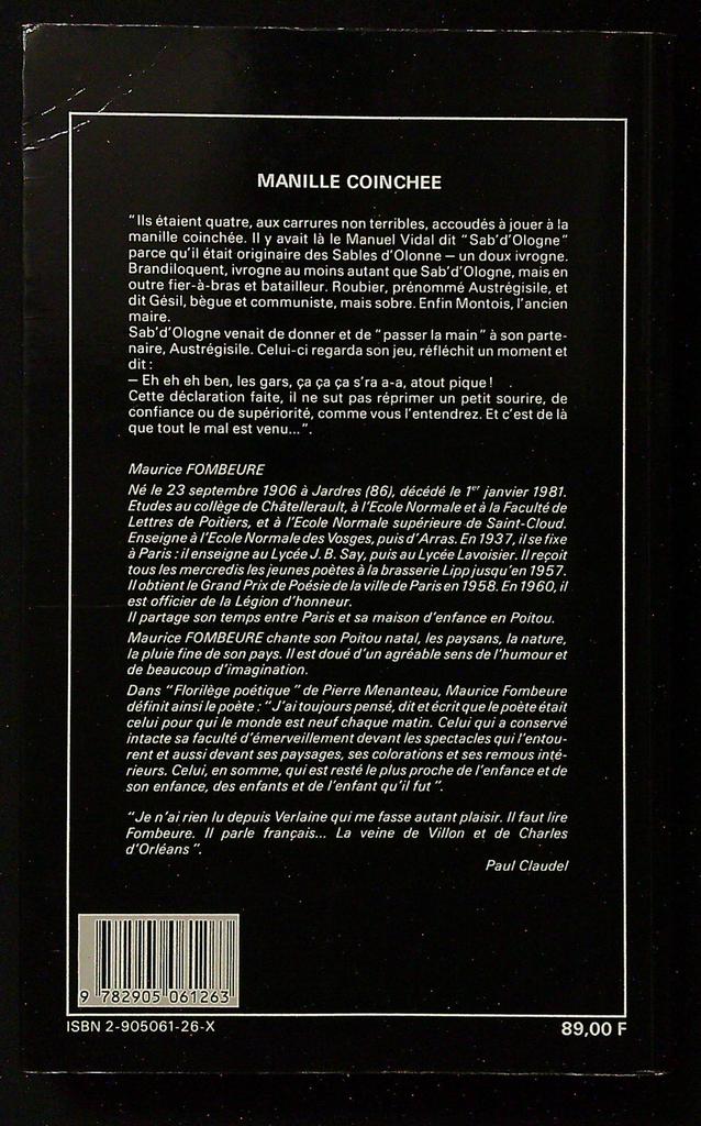 Livre – Maurice Fombeure – Littérature – Manille coinchée nouvelles