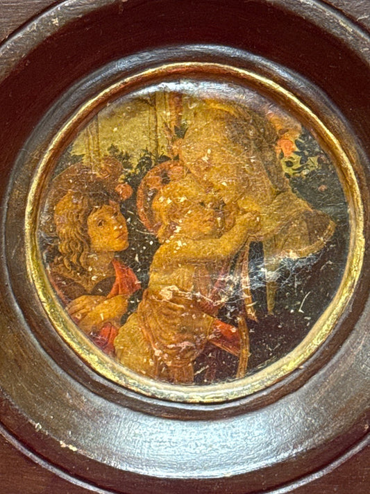 Tableau ancien rond en platre cadre sculpté Vierge Marie