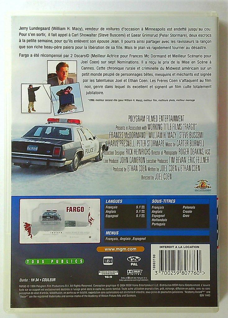 Dvd Fargo - Film des Frères Coen - Édition Mgm