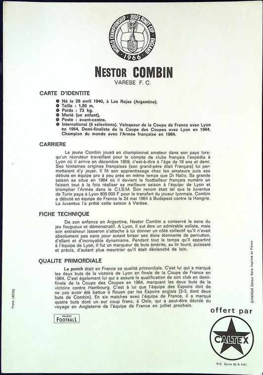 Carte Caltex Nestor Combin – Collection – Football vintage