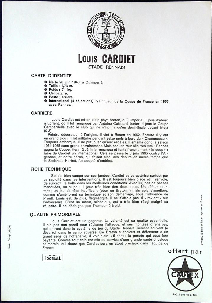 Fiche football Louis Cardiet – Caltex 1966 – Memorabilia – Stade Rennais
