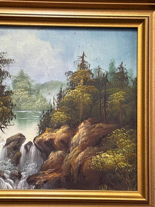 Tableau huile sur toile paysage montagne forêt cascade fleuve rivière
