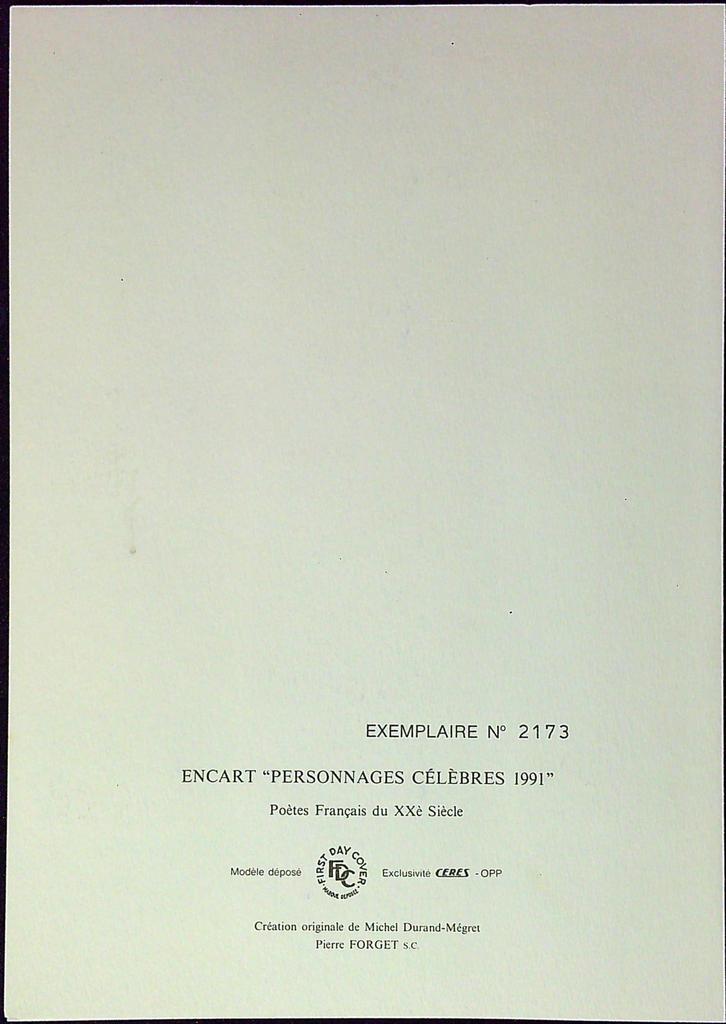 Poètes Français Du Xxe Siècle Enveloppe Dépliant Timbre 1er jour Encart Fdc Yvert et Tellier