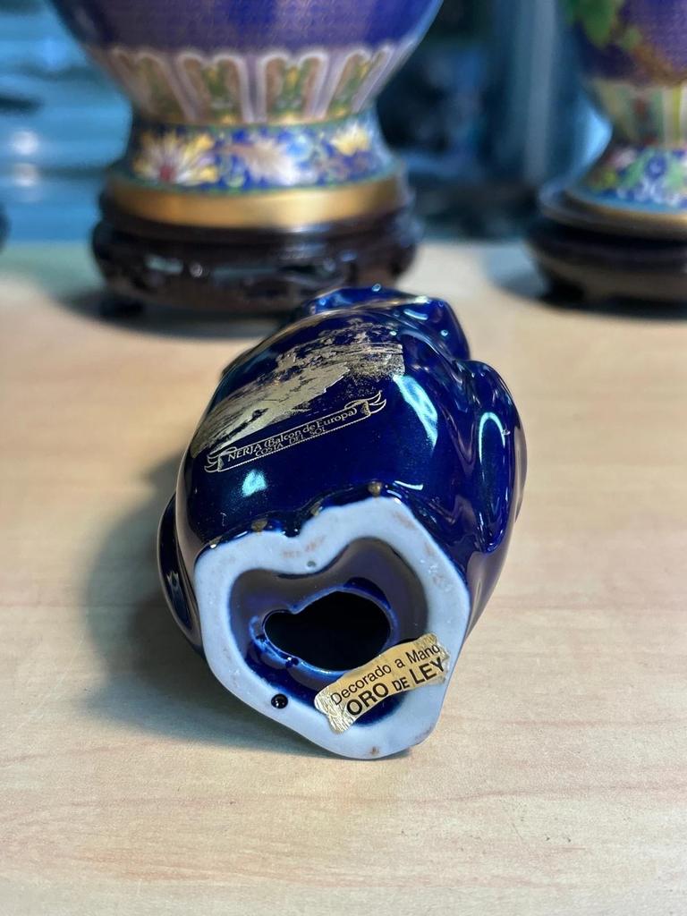 Statuette sculpté Chouette / Hibou en porcelaine bleue décor doré Nerja Costa Del Sol