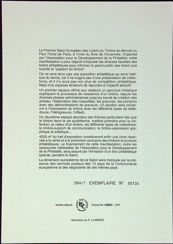 Salon Du Timbre 1994 Enveloppe Dépliant Timbre 1er jour Encart Fdc Yvert et Tellier
