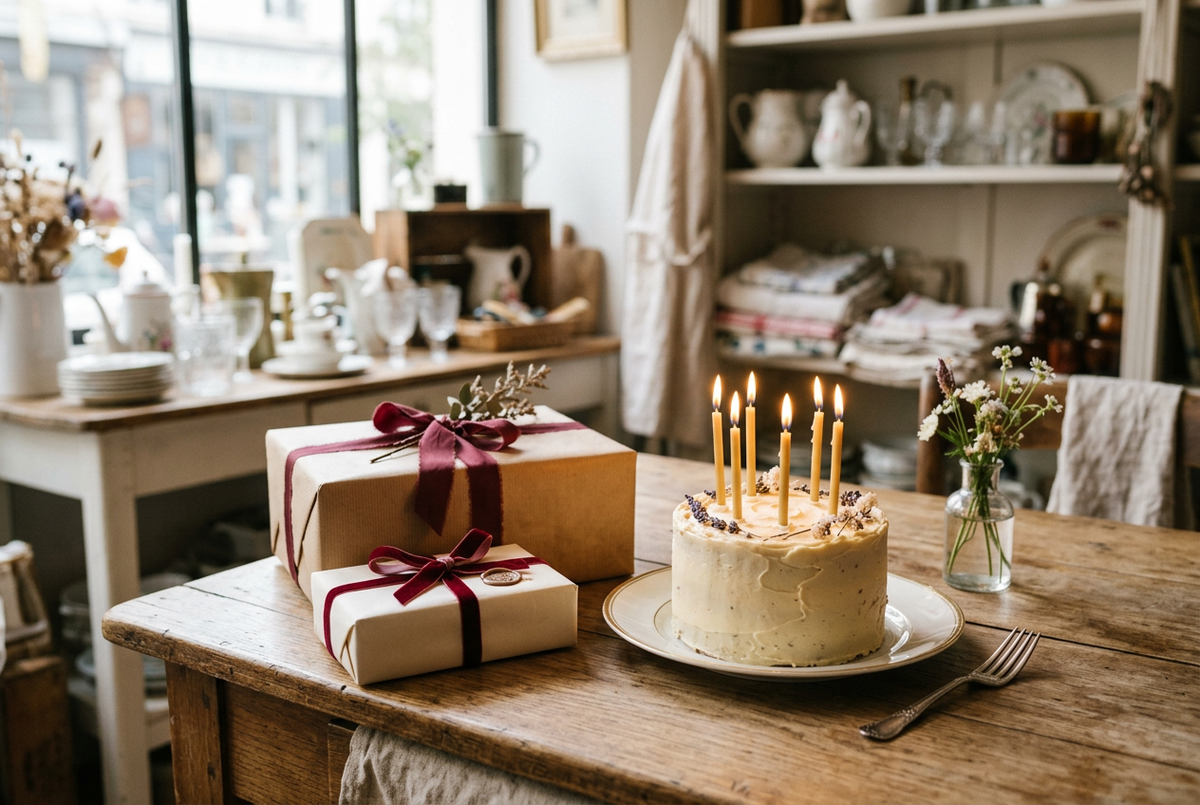 Gâteau d’anniversaire et cadeaux dans une ambiance chaleureuse de brocante