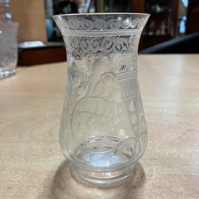 Ancien Petit Vase En Verre Gravé Décor Feuillage, Pot Et Oiseaux