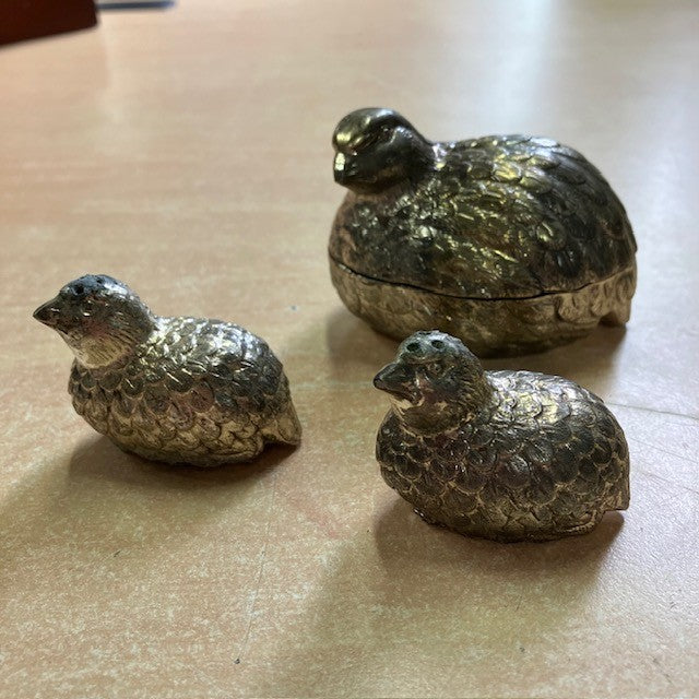 Ensemble De Pot A Moutarde, Salière Et Poivrière, En Forme De Caille, Métal Argenté