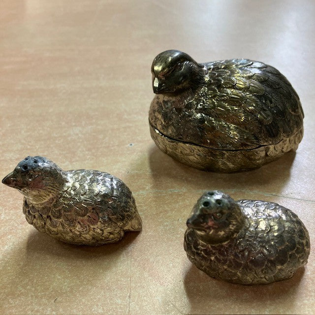 Ensemble De Pot A Moutarde, Salière Et Poivrière, En Forme De Caille, Métal Argenté