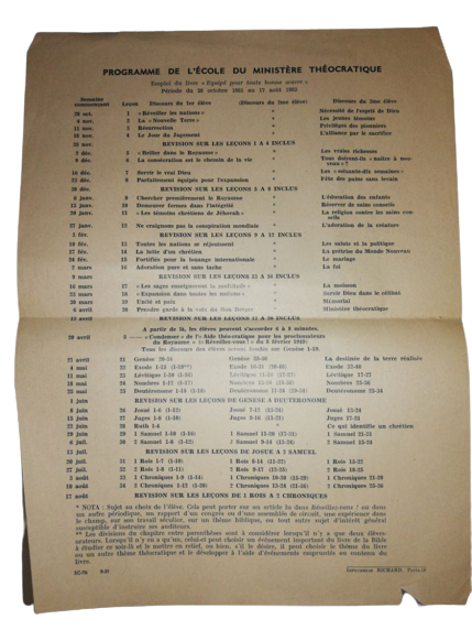 Programme L'école Du Ministère Théocratique 1951 1952 Bible Témoins Jéhovah USA
