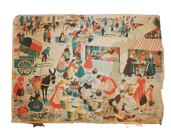 Affiche Carte Scolaire Lithographie images de la vie 9 village marché marchand