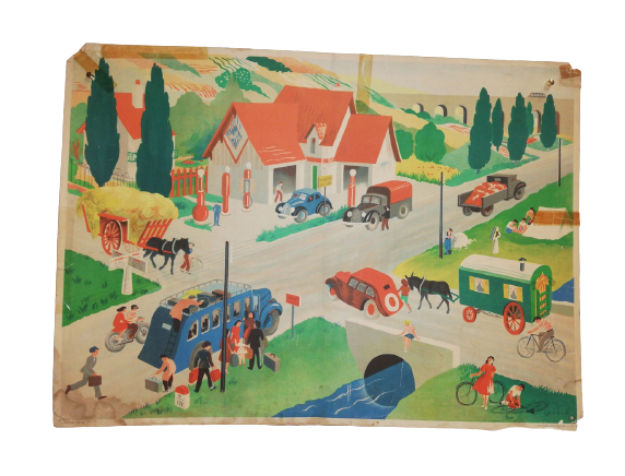 Affiche Carte Scolaire Lithographie images de la vie 14 voiture vélo camion moto station essence