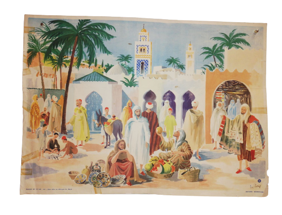 Affiche Carte Scolaire Lithographie images de la vie 22 une ville en Afrique du Nord Maroc Tunisie
