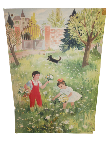 Affiche Carte Scolaire Lithographie images de la vie 101 prairie fleurs enfants